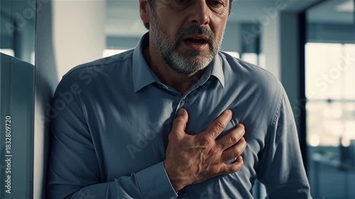 Middle aged european businessman having chest pain heart attack in modern office workplace
