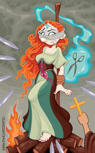 A witch fights at the stake. Vector cartoon horror illustration.
