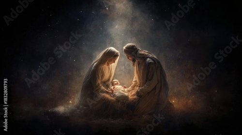 Nativity scene with baby in manger lit by gentle glow, parents adoring and humble