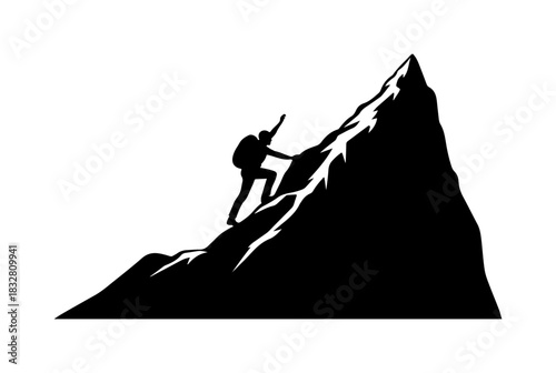 Mountain climber silhouette conquering peak, symbolizing achievement