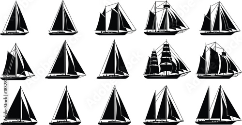 Collection of detailed sailing boat silhouettes featuring various sail designs, nautical vessel styles, marine transportation elements, maritime icons, and ocean travel graphics