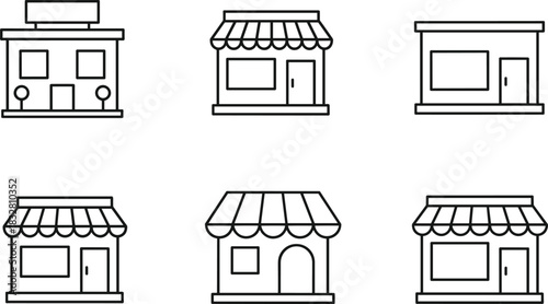 A collection of six small commercial shop or storefront icons rendered in clean, minimal black outline vector art, including one with a second-floor sign.