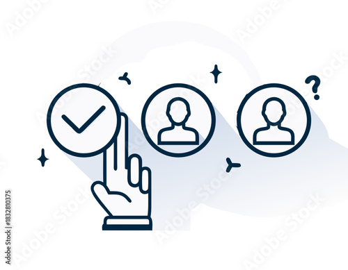 Decision Making Process Concept With Hand Selecting Option And Human Icons In Outline Style With Check Mark And Question Mark Symbol