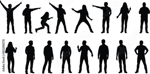 Collection of diverse human silhouette poses featuring standing, pointing, gesturing, and dynamic movements, ideal for design, illustration, animation, and creative projects