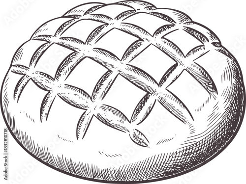 Black and white sketch of a round loaf of bread drawing