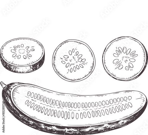 Hand drawn cucumber slices and whole cucumber vegetable