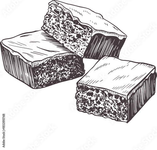Hand drawn illustration of three chocolate brownies