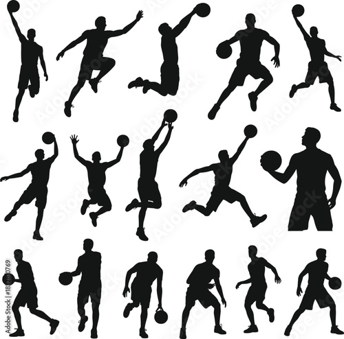 Collection of dynamic basketball player silhouettes showing action poses, dribbling, dunking, jumping, and shooting movements, perfect for sports design and athletic illustrations