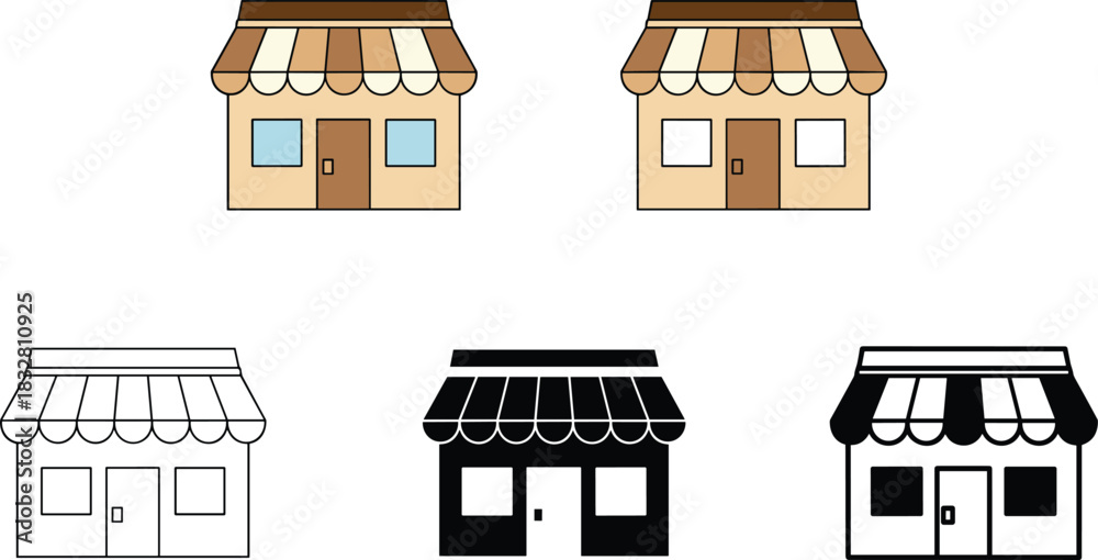 Fototapeta premium A delightful collection of four colorful, flat-style business storefront vector illustrations representing retail shops, small local stores, or commercial building facades.