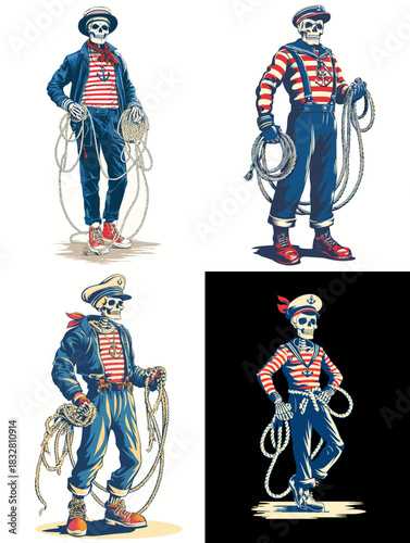Illustration of a skeleton sailor wearing nautical clothes and holding rope. Bold maritime themed artwork with classic striped shirt, hat and seafaring character design.