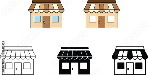 A delightful collection of four colorful, flat-style business storefront vector illustrations representing retail shops, small local stores, or commercial building facades.