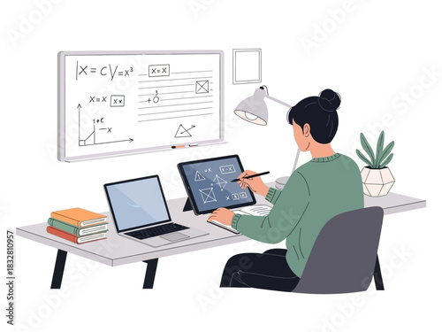 A dedicated student deeply engaged in an online mathematics course, using a digital tablet and laptop to solve complex formulas at her desk