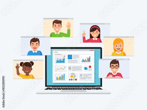 Engaged diverse students participate in a dynamic virtual classroom session, learning remotely through video conferencing on a laptop, showcasing modern online education methods