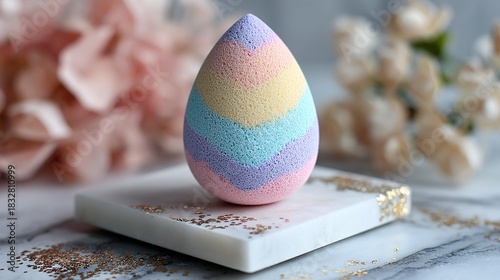 Delicate pastel rainbow sponge on a marble surface with floral accents backdrop