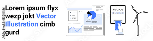 Data analytics, renewable energy, technology integration, digital transactions, financial tracking, and sustainability. Charts, wind turbine QR code scanner with text. Data analytics and renewable