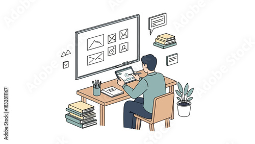 Conceptual illustration of a UI/UX designer creating a website wireframe and application prototype on a digital tablet at his desk