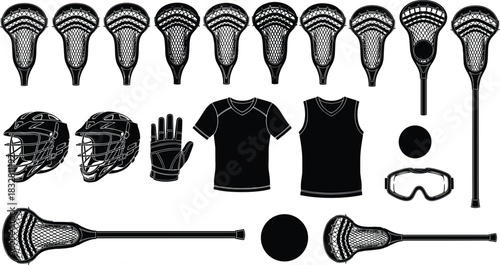 Collection of lacrosse equipment including sticks, helmets, gloves, jerseys, vests, balls, and goggles displayed in detailed black silhouette sports illustration