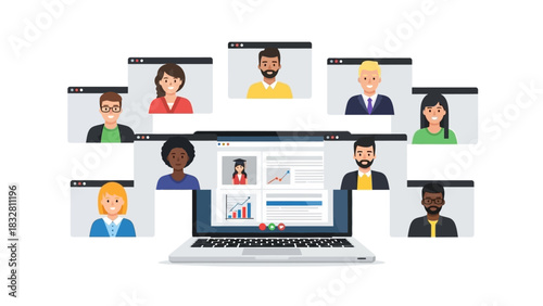 Online video conferencing platform on a laptop connecting diverse virtual meeting participants, symbolizing remote work, e-learning, and global collaboration efforts