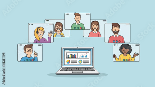 Team of diverse colleagues having a virtual business meeting and online presentation via video conference call on a laptop