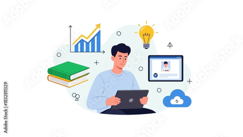 Conceptual illustration of a person using a tablet for e-learning, business analytics, and innovative ideas in the digital age