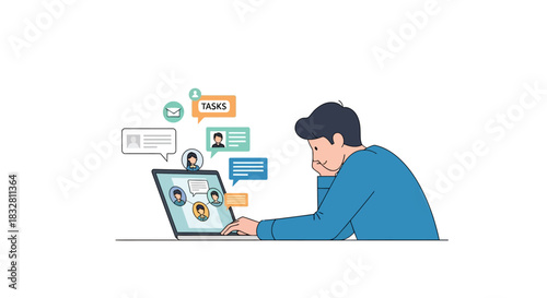 A person experiences digital fatigue and screen time exhaustion during a prolonged virtual meeting or online communication session on a laptop