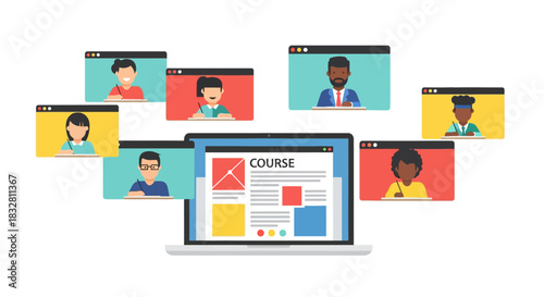 Online Education And E-Learning Course Concept Illustration With Diverse People In Video Calls