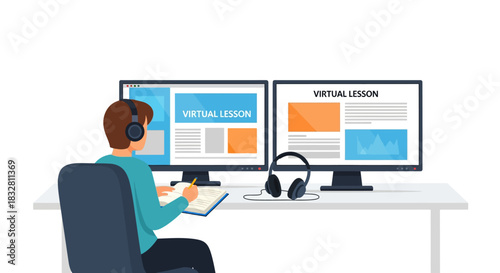 Young student attending a virtual lesson with headphones on, using two monitors and a notebook, highlighting online education and remote learning