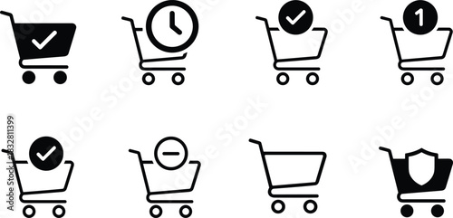 A set of six vector icons for e-commerce shopping carts showing common interactions: removal, adding, confirmation, and update in various styles.