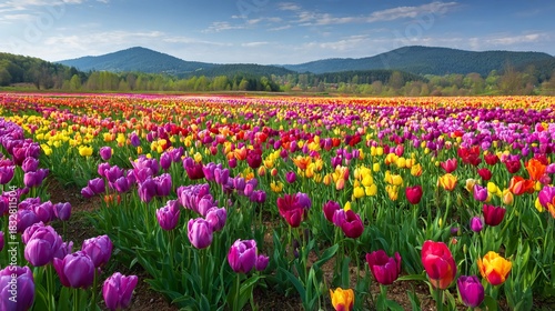 Colorful tulip field in full bloom vibrant landscape with mountains in the background perfect for spring and nature themes