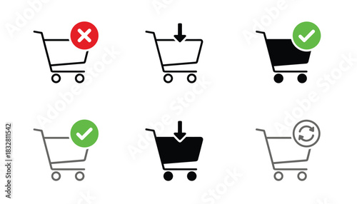 A set of six vector icons for e-commerce, showing shopping cart interactions like adding to cart, checkout, and item removal, in line art and solid styles.