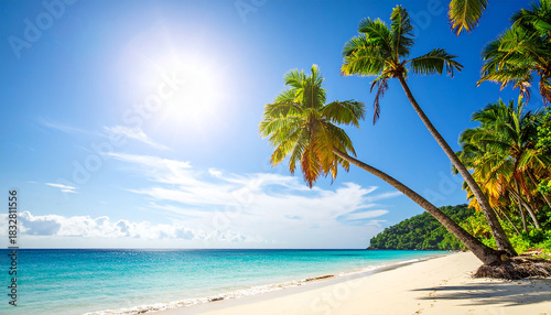Fototapeta Naklejka Na Ścianę i Meble -  Sunny tropical beach with palm trees