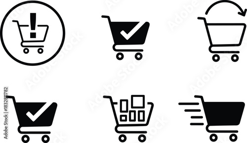 A set of six vector icons for e-commerce shopping carts showing common interactions: removal, adding, confirmation, and update in various styles.