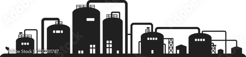 Black industrial factory silhouette with storage tanks pipes refinery towers and processing units in minimal flat graphic style for industrial design