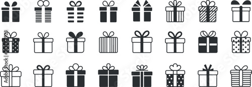 Set of various black and white gift box icons and symbols