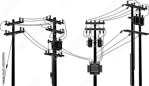 Detailed illustration of electrical utility poles with power lines, transformers, insulators, and distribution equipment for engineering, infrastructure, energy, and industrial design projects