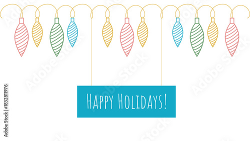 Holiday banner with New Years garland in doodle sketch style. Cute colorful greeting card template. Happy Holidays. Vector graphic