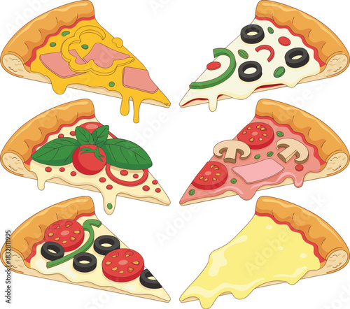 Collection of six delicious cartoon pizza slices with melting cheese toppings vegetables pepperoni mushrooms olives and vibrant colorful illustration for food design