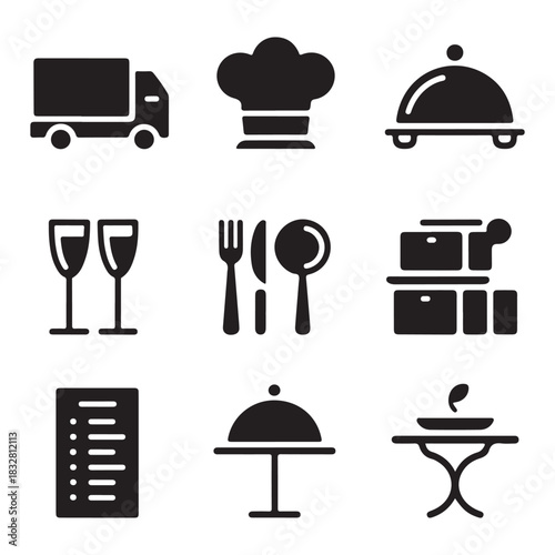 Catering line icon set vector. Catering service, food, delivery of ready meals, guest service, menu for event, banquet vector