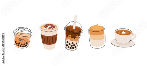 Cute coffee drinks collection, kawaii cups with latte art, whipped cream, boba tea, and cozy espresso. Adorable hot beverages set, cartoon flat vector illustration for cafe menu, stickers