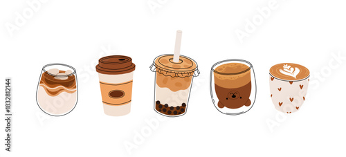 Cute coffee drinks collection, kawaii cups with latte art, whipped cream, boba tea, and cozy espresso. Adorable hot beverages set, cartoon flat vector illustration for cafe menu, stickers