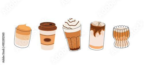 Cute coffee drinks collection, kawaii cups with latte art, whipped cream, boba tea, and cozy espresso. Adorable hot beverages set, cartoon flat vector illustration for cafe menu, stickers