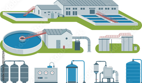 Detailed vector illustration of modern wastewater treatment plant with filtration tanks, aeration pools, industrial purification system, clean water processing facility design
