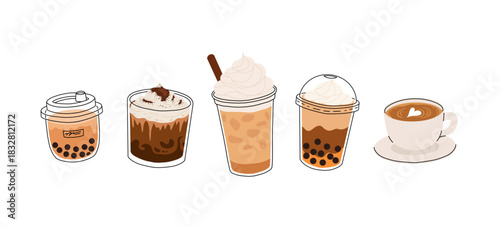 Cute coffee drinks collection, kawaii cups with latte art, whipped cream, boba tea, and cozy espresso. Adorable hot beverages set, cartoon flat vector illustration for cafe menu, stickers