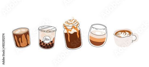 Cute coffee drinks collection, kawaii cups with latte art, whipped cream, boba tea, and cozy espresso. Adorable hot beverages set, cartoon flat vector illustration for cafe menu, stickers
