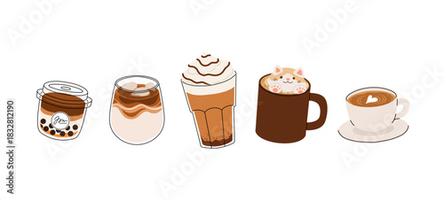 Cute coffee drinks collection, kawaii cups with latte art, whipped cream, boba tea, and cozy espresso. Adorable hot beverages set, cartoon flat vector illustration for cafe menu, stickers