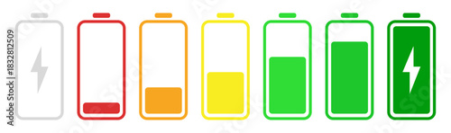 Battery level indicators vector design with multiple charge levels, clean minimal layout, modern interface elements, and device UI components for apps and digital projects.