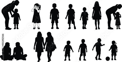 Silhouette collection of children and parents in various poses, playing, walking, interacting, showing family relationships and childhood moments for illustration design projects