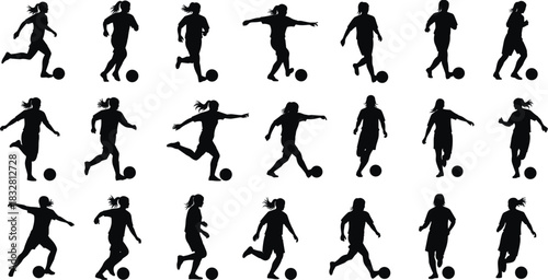 Silhouette collection of female soccer players running, dribbling, and kicking footballs in dynamic action poses, isolated on white background for sports design