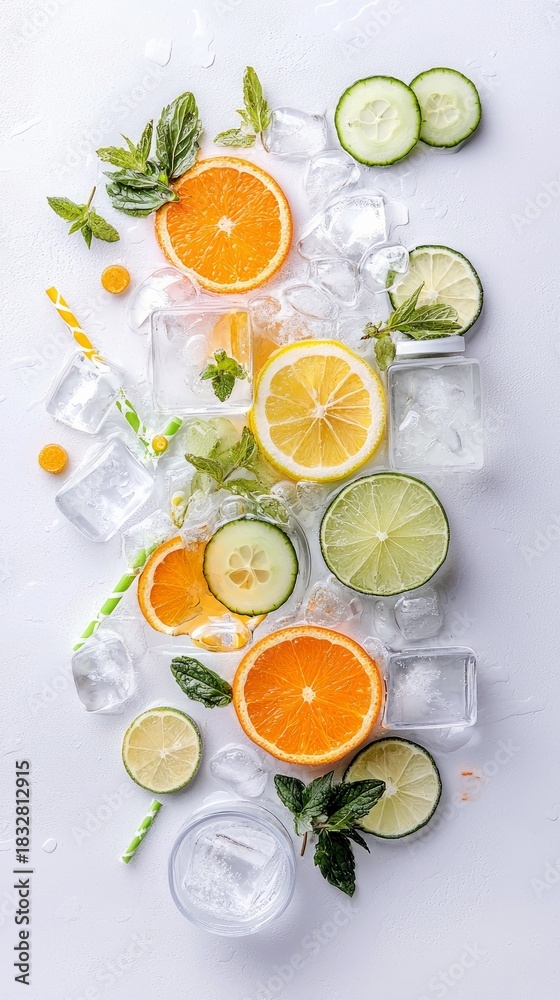 Fototapeta premium Overhead shot of various fruits, ice cubes, and mint leaves arranged on a white surface, creating a refreshing and vibrant composition.