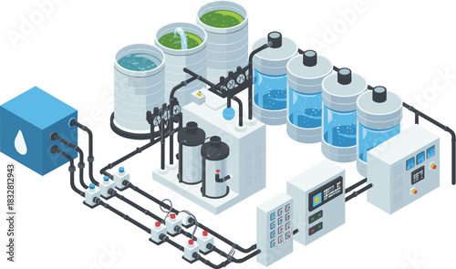 Isometric illustration of modern water treatment system with filtration units, purification tanks, pipeline connections, clean water technology, industrial environmental engineering design